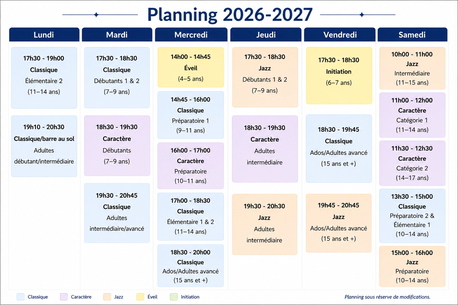 Planning original des cours de danse 2026-2027